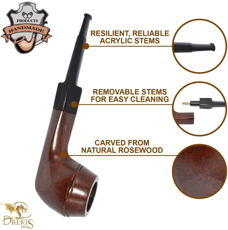 Drekis Pipes Rosewood Smoking Pipe Natural, Handmade Wood Bulldog Style