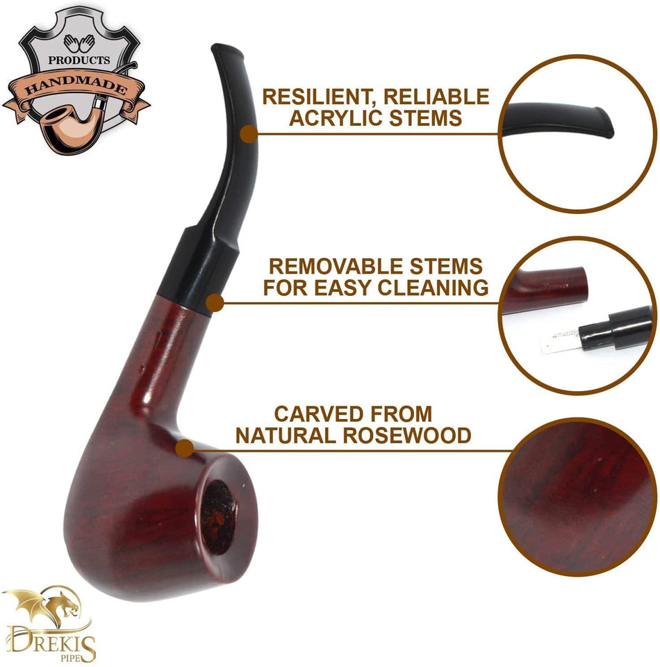 Drekis Pipes Rosewood Smoking Pipe Natural, Handmade Wood Bent Apple Style